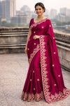 DESIGNER FENDY SATIN CONTRAST PALLU SPRING DORI EMBROIDERY WORK CUTWORK BORDER SAREE WITH UNSTITCHED BLOUSE WINE