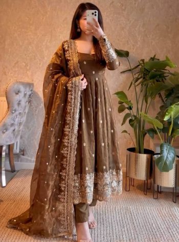 DESIGNER FENDY SILK EMBROIDERY  SEQUENCE WORK GOWN BOTTOM WITH DUPATTA CHIKU