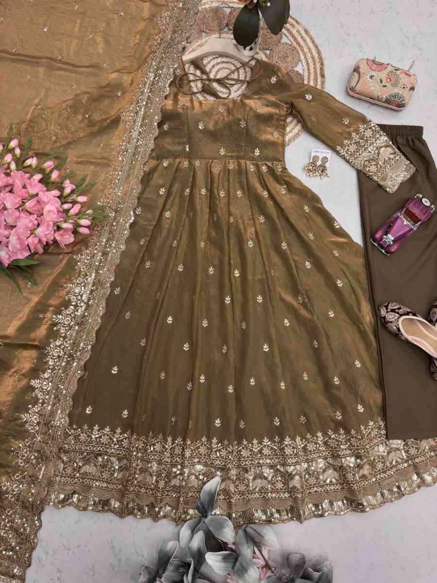 2DESIGNER FENDY SILK EMBROIDERY SEQUENCE WORK GOWN BOTTOM WITH DUPATTA WEDDING WEAR WHOLESALE PRICE ETHNIC GARMENT (8)