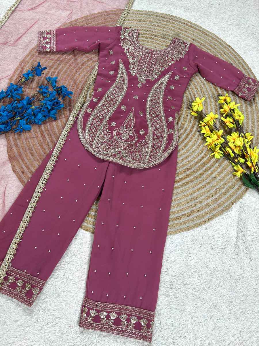 2DESIGNER GEORGETTE EMBROIDERY WITH MOTI WORK KID'S TOP BOTTOM WITH DUPATTA FESTIVE WEAR WHOLESALE PRICE ETHNIC GARMENT (23)