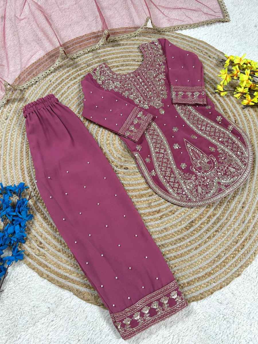 2DESIGNER GEORGETTE EMBROIDERY WITH MOTI WORK KID'S TOP BOTTOM WITH DUPATTA FESTIVE WEAR WHOLESALE PRICE ETHNIC GARMENT (25)