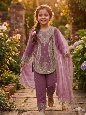 DESIGNER GEORGETTE EMBROIDERY WITH MOTI WORK KID'S TOP BOTTOM WITH DUPATTA PINK