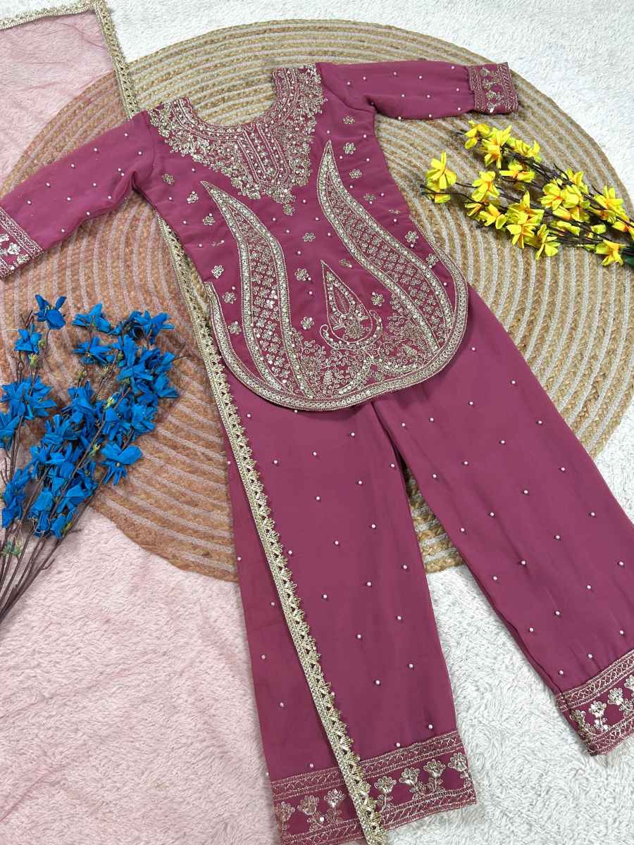 2DESIGNER GEORGETTE EMBROIDERY WITH MOTI WORK KID'S TOP BOTTOM WITH DUPATTA FESTIVE WEAR WHOLESALE PRICE ETHNIC GARMENT (28)