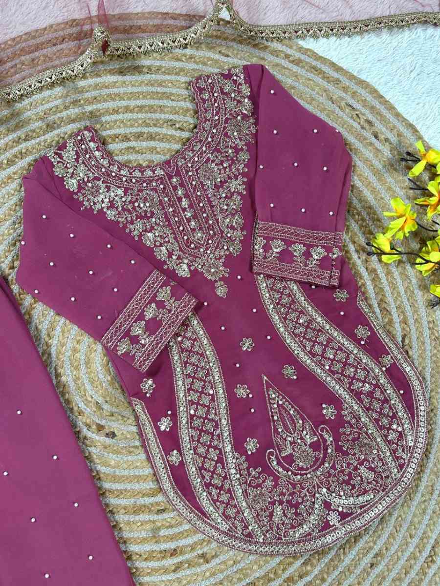 2DESIGNER GEORGETTE EMBROIDERY WITH MOTI WORK KID'S TOP BOTTOM WITH DUPATTA FESTIVE WEAR WHOLESALE PRICE ETHNIC GARMENT (29)
