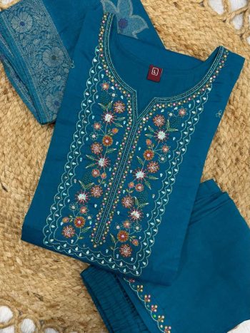 DESIGNER MANGO SILK MULTI EMBROIDERY SEQUENCE WITH HAND WORK TOP BOTTOM WITH DUPATTA RAMA
