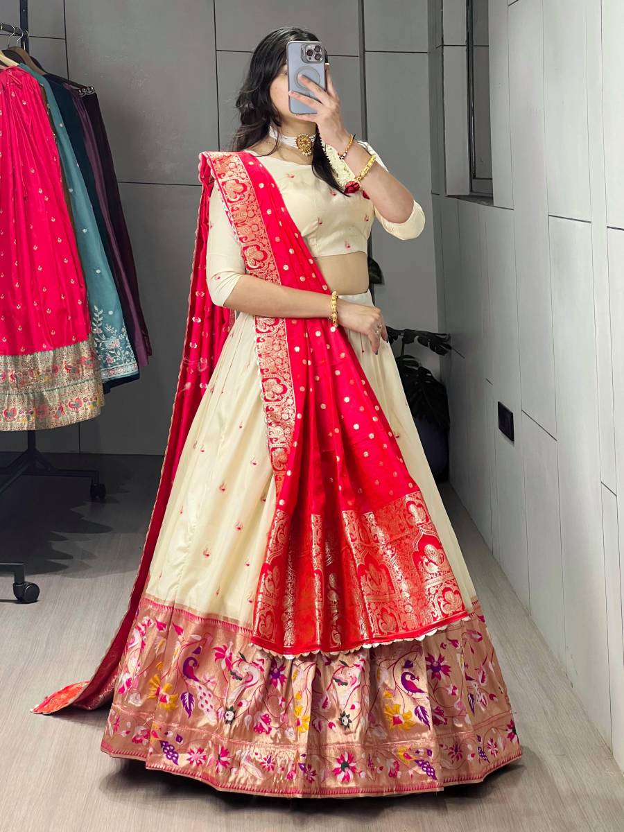2DESIGNER PAITHANI SILK ZARI WEAVING WORK WITH COLORED BORDER AND BUTTI WORK LEHENGA CHOLI WITH DUPATTA WEDDING WEAR WHOLESALE PRICE ETHNIC GARMENT (11)