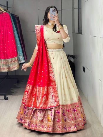 DESIGNER PAITHANI SILK ZARI WEAVING WORK WITH COLORED BORDER AND BUTTI WORK LEHENGA CHOLI WITH DUPATTA OFF WHITE AND RANI