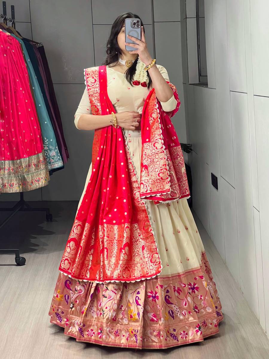 2DESIGNER PAITHANI SILK ZARI WEAVING WORK WITH COLORED BORDER AND BUTTI WORK LEHENGA CHOLI WITH DUPATTA WEDDING WEAR WHOLESALE PRICE ETHNIC GARMENT (14)