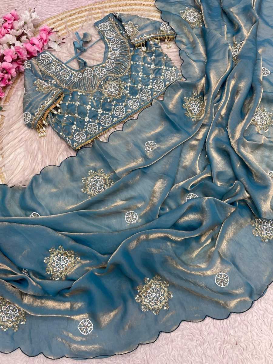 2DESIGNER SOFT FENDY SATIN SILK HAND WORK AND CUT WORK WITH ARCO BORDER SAREE WITH STITCH BLOUSE WHOLESALE PRICE ETHNIC GARMENT (12)