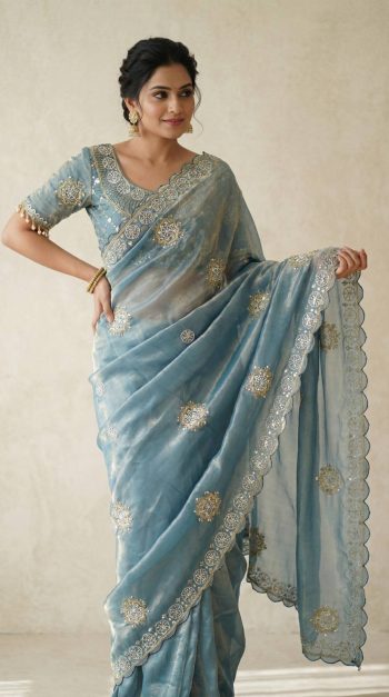 DESIGNER SOFT FENDY SATIN SILK HAND WORK AND CUT WORK WITH ARCO BORDER SAREE WITH STITCH BLOUSE SKY