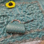 DESIGNER SPACE SILK ORIGINAL GOLD BEADS WORK WITH CUT WORK BORDER SAREE WITH UNSTITCHED BLOUSE SKY