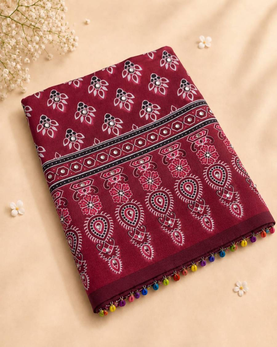 2FANCY CHINON AJRAK DIGITAL PRINT WITH REAL MIRROR WORK WITH KODI LACE BORDER WORK SAREE WITH UNSTITCHED BLOUSE PARTY WEAR WHOLESALE PRICE ETHNIC GARMENT (1)
