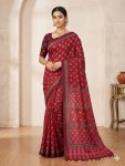 FANCY CHINON AJRAK DIGITAL PRINT WITH REAL MIRROR WORK WITH KODI LACE BORDER WORK SAREE WITH UNSTITCHED BLOUSE RED