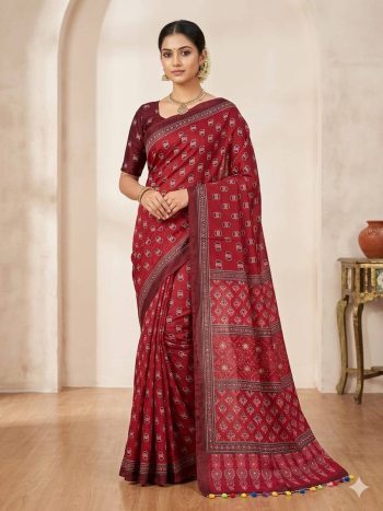 FANCY CHINON AJRAK DIGITAL PRINT WITH REAL MIRROR WORK WITH KODI LACE BORDER WORK SAREE WITH UNSTITCHED BLOUSE RED