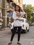 FANCY COTTON EMBROIDERY WORK TOP WHITE AND BROWN