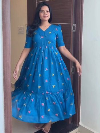 FANCY KOT CHECK EMBROIDERED WORK ONE PIECE DRESS SKY