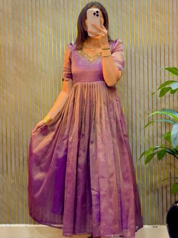 FANCY KOTA TISSUE SILK MAGGAM HAND WORK GOWN PURPLE