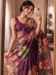 FANCY LINEN SILK DIGITAL PRINT AND KHATLI WORK SAREE WITH UNSTITCHED BLOUSE WINE