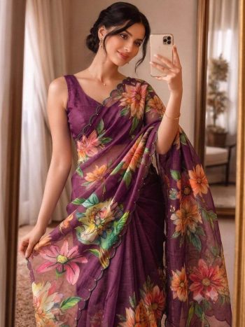 FANCY LINEN SILK DIGITAL PRINT AND KHATLI WORK SAREE WITH UNSTITCHED BLOUSE WINE