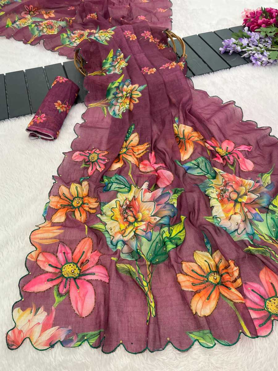 2FANCY LINEN SILK DIGITAL PRINT AND KHATLI WORK SAREE WITH UNSTITCHED BLOUSE FESTIVE WEAR WHOLESALE PRICE ETHNIC GARMENT (15)