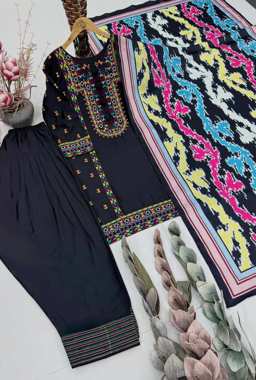 2FANCY NATURAL SILK EMBROIDRY WORK TOP PATIYALA WITH DUPATTA FESTIVE WEAR WHOLESALE PRICE ETHNIC GARMENT (22)