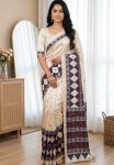 FANCY SATIN AJARAKH PRINT WITH REAL MIRROR WORK SAREE WITH UNSTITCHED BLOUSE OFF WHITE
