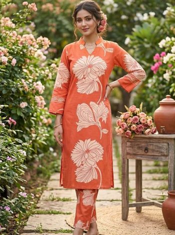 FANCY SLUB COTTON PRINTED WORK TOP PENT SET ORANGE
