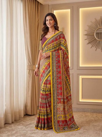 MODERN CHINON DIGITAL AJRAK PRINT WITH REAL MIRROR WORK SAREE WITH UNSTITCHED BLOUSE MULTI