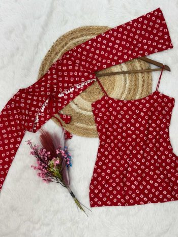MODERN COTTON BHANDEJ PRINT WORK SHORT KURTI WITH TOP RED
