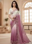 MODERN CRUNCHY PADDING EMBROIDERY AND MULTI THREAD WITH ARCO CUT WORK BORDER SAREE WITH UNSTITCHED BLOUSE ONION