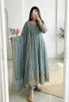 MODERN CRUNCHY SILK EMBROIDERY SEQUENCE WORK GOWN BOTTOM WITH DUPATTA SKY