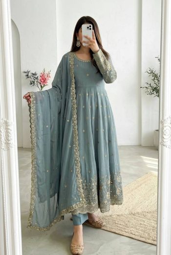 MODERN CRUNCHY SILK EMBROIDERY  SEQUENCE WORK GOWN BOTTOM WITH DUPATTA SKY