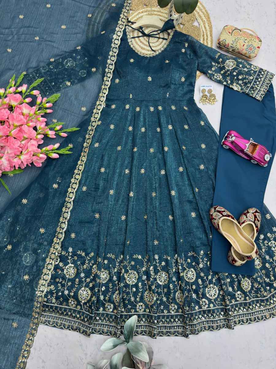 2MODERN CRUNCHY SILK EMBROIDERY SEQUENCE WORK GOWN BOTTOM WITH DUPATTA WEDDING WEAR WHOLESALE PRICE ETHNIC GARMENT (12)