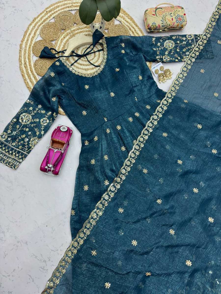 2MODERN CRUNCHY SILK EMBROIDERY SEQUENCE WORK GOWN BOTTOM WITH DUPATTA WEDDING WEAR WHOLESALE PRICE ETHNIC GARMENT (13)