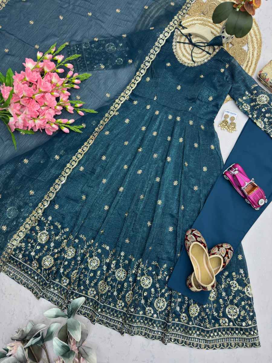 2MODERN CRUNCHY SILK EMBROIDERY SEQUENCE WORK GOWN BOTTOM WITH DUPATTA WEDDING WEAR WHOLESALE PRICE ETHNIC GARMENT (15)