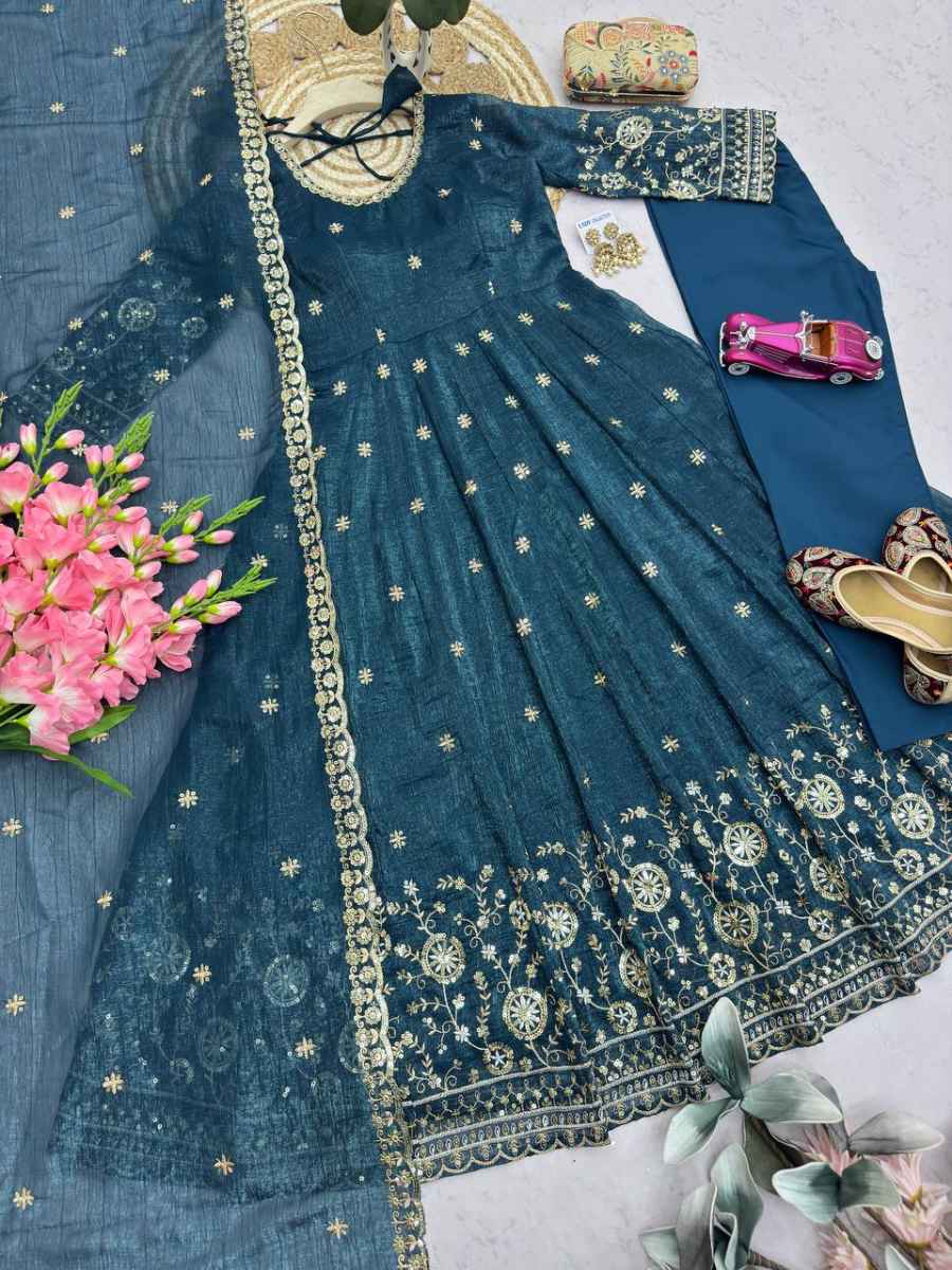 2MODERN CRUNCHY SILK EMBROIDERY SEQUENCE WORK GOWN BOTTOM WITH DUPATTA WEDDING WEAR WHOLESALE PRICE ETHNIC GARMENT (16)
