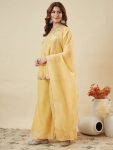 MODERN CRUNCHY SILK EMBROIDERY WORK TOP PALAZZO WITH DUPATTA LIGHT YELLOW