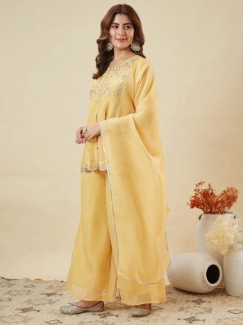 MODERN CRUNCHY SILK EMBROIDERY WORK TOP PALAZZO WITH DUPATTA LIGHT YELLOW