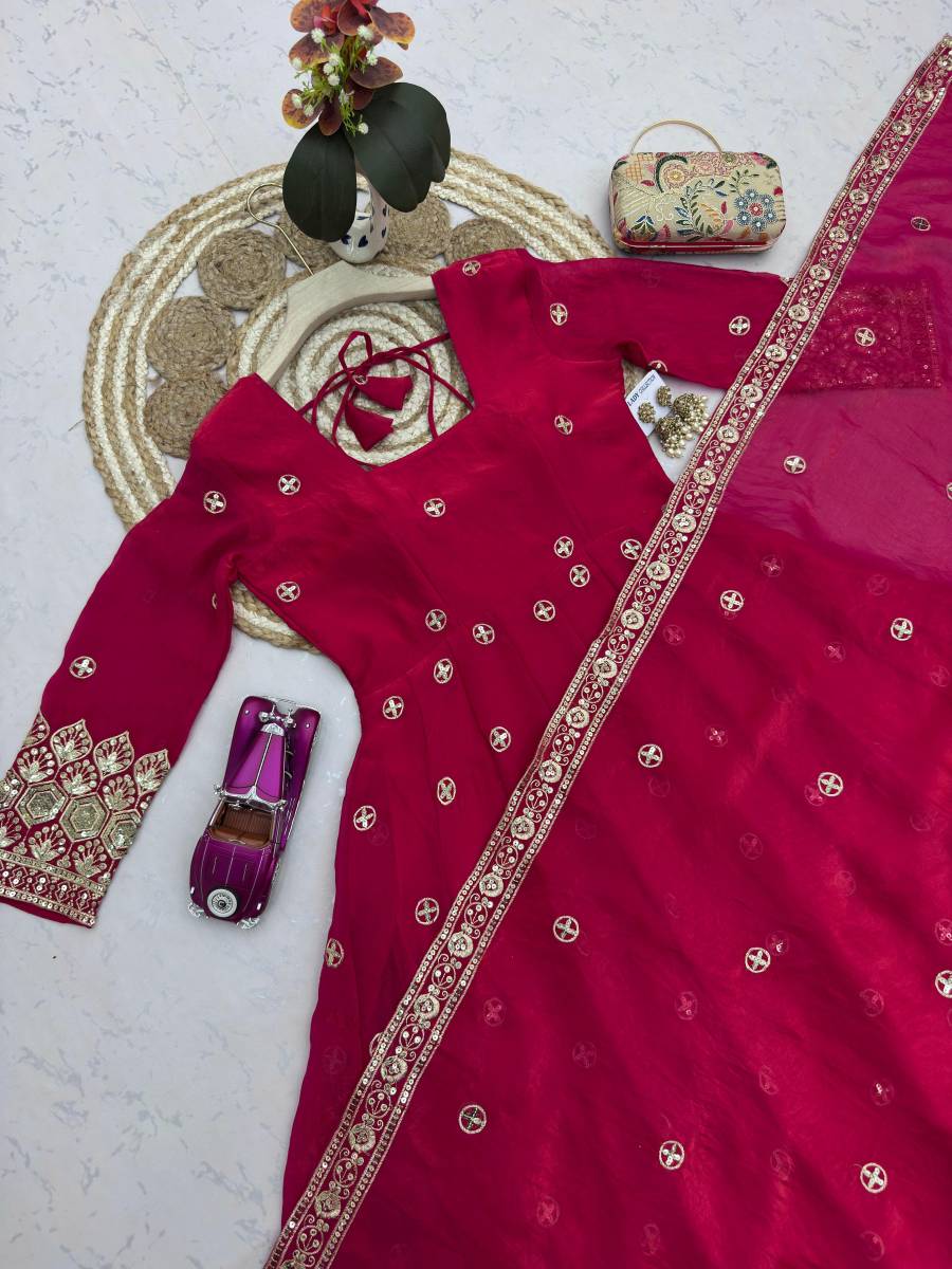 2MODERN FENDY SILK EMBROIDERY SEQUENCE WORK GOWN BOTTOM WITH DUPATTA WEDDING WEAR WHOLESALE PRICE ETHNIC GARMENT (15)