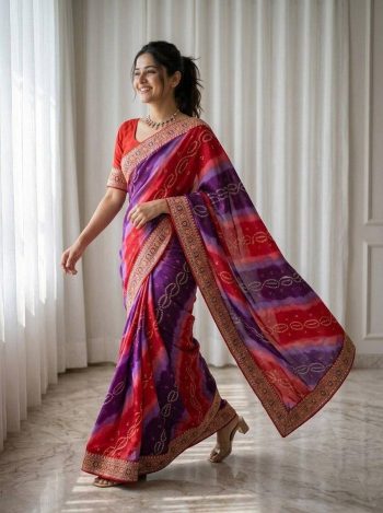 MODERN GEORGETTE DIGITAL PRINT WITH EMBROIDERY WORK  BORDER SAREE WITH UNSTITCHED BLOUSE PURPLE