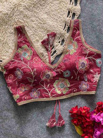 MODERN GOLDEN CRUSH SEQUENCE AND MULTI WORK  STITCHED BLOUSE PINK
