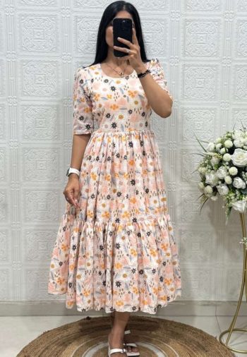 MODERN HAKOBA COTTON PRINTED WORK ONE PIECE DRESS PEACH