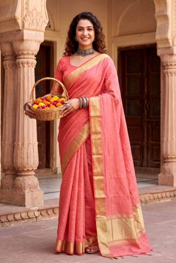 MODERN LINEN COTTON SILK WEAVING ZARI WORK SAREE WITH UNSTITCHED BLOUSE PEACH