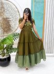 MODERN MUL COTTON MAGGAM WORK ONE PIECE DRESS MEHNDI