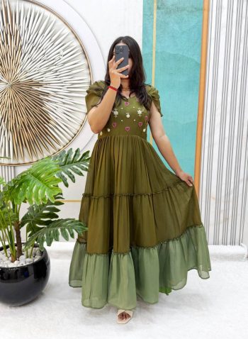 MODERN MUL COTTON MAGGAM WORK ONE PIECE DRESS MEHNDI