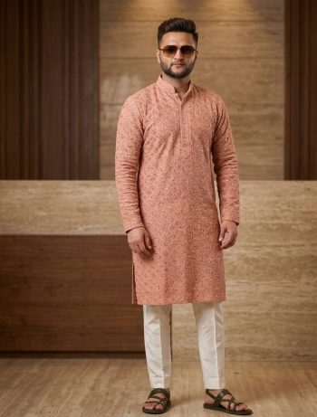 MODERN RAYON THREAD SEQUENCE WORK MEN'S KURTA PAYJAMA SET PEACH