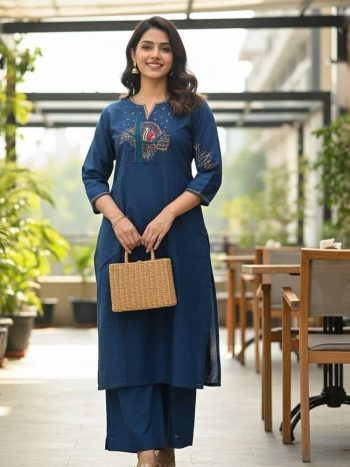 MODERN SLUB COTTON EMBROIDERY WORK TOP PENT SET BLUE