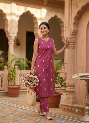 MODERN SLUB COTTON PRINTED WORK TOP PENT SET PINK