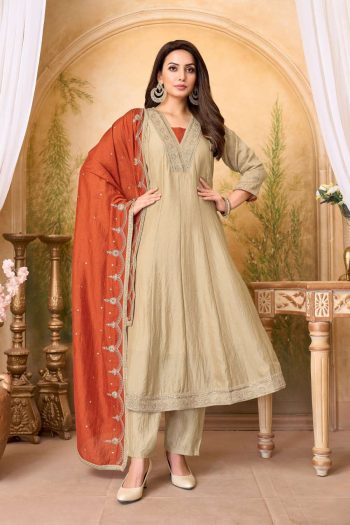 MODERN VICHITRA SILK EMBROIDERY, SEQUENCE & CODING WORK ANARKALI BOTTOM WITH DUPATTA CREAM