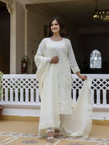 NEW ARRIVAL CAMBRIC COTTON BORING CHIKAN KARI WORK TOP BOTTOM WITH DUPATTA OFF WHITE